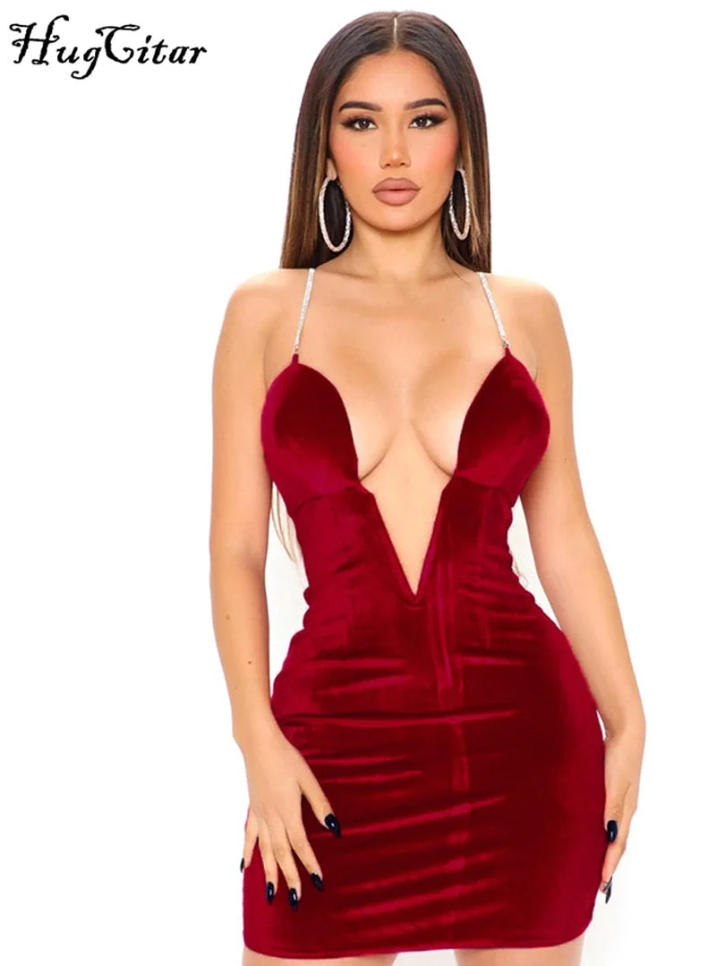 Hugcitar Velvet Sleeveless Deep V Neck Metal Slip Mini Dress 2022 New Fashion Evening Party Women Elegant Streetwear Y2K
