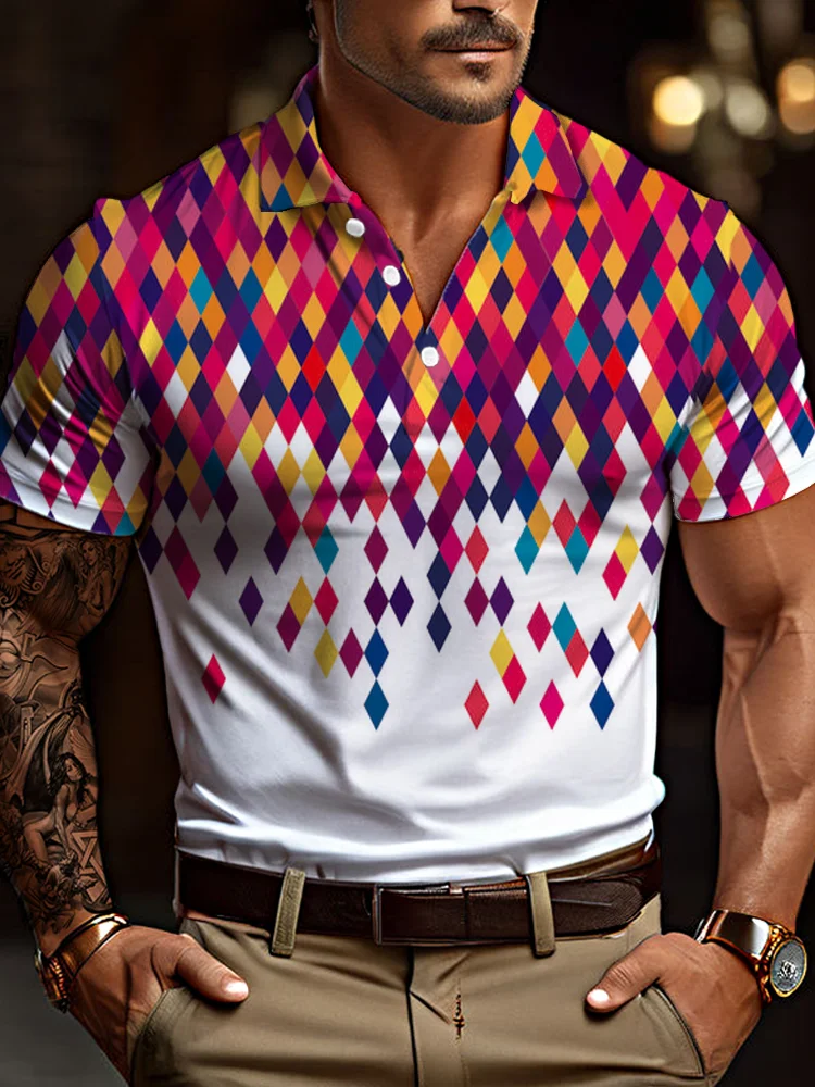 Colorful Rhombus Geometric Pattern Printing Short Sleeve Polo BestDVibe