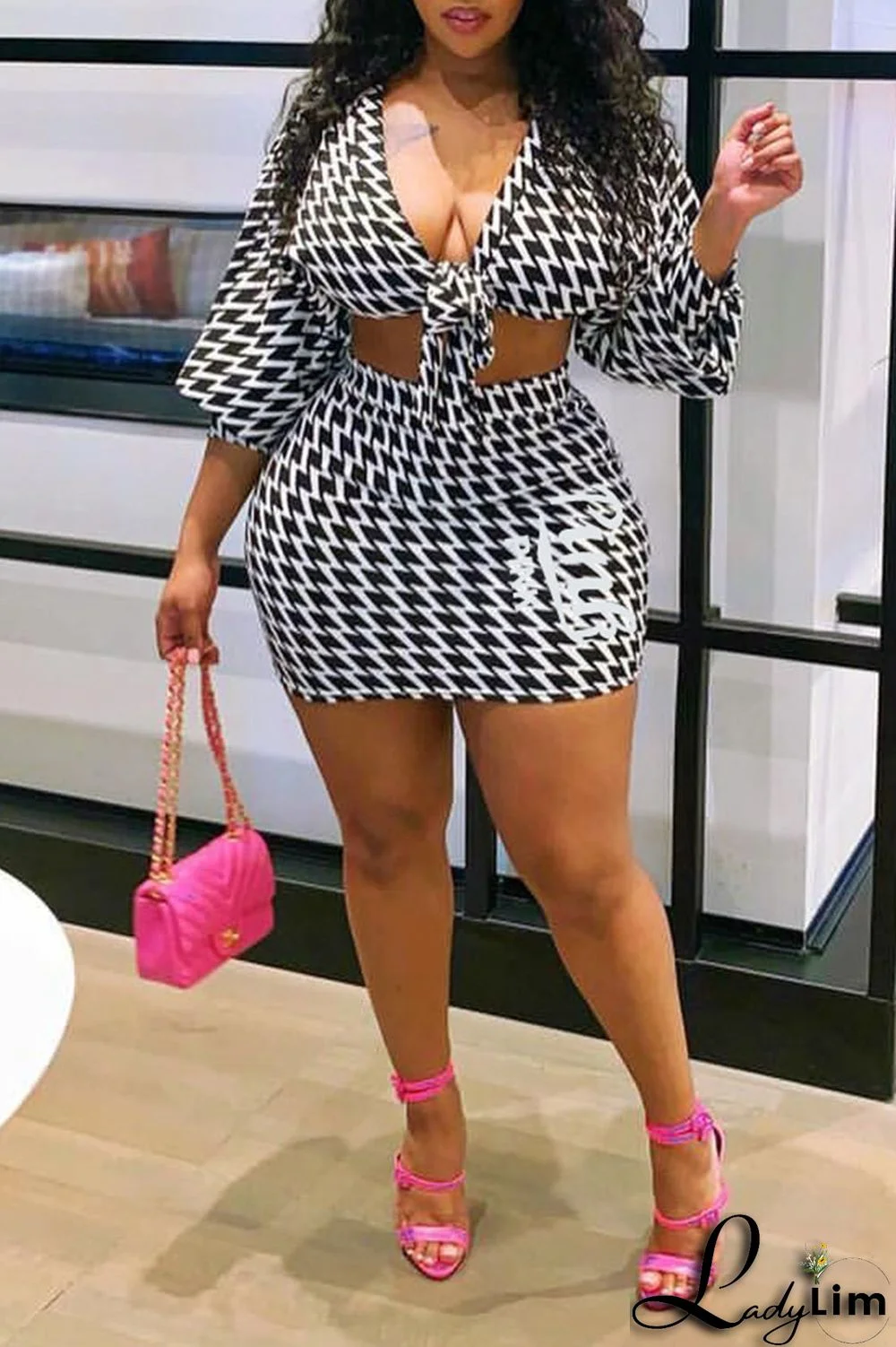 Black Sexy Print Patchwork V Neck Plus Size Two Pieces