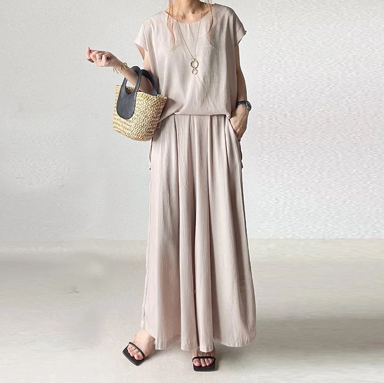 Casual Loose Round Neck Solid Color Two-Piece Suit