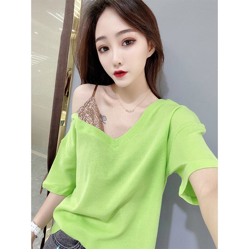 Leopard Sexy Off Shoulder Top Women Tee Shirt Femme Summer V Neck  Short Sleeve Blouse Solid Color Basic 2021 Fashion