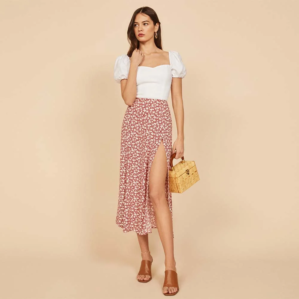 Smiledeer Floral Polka Dot Print High Waist Elastic Slit Long A-Line Skirt
