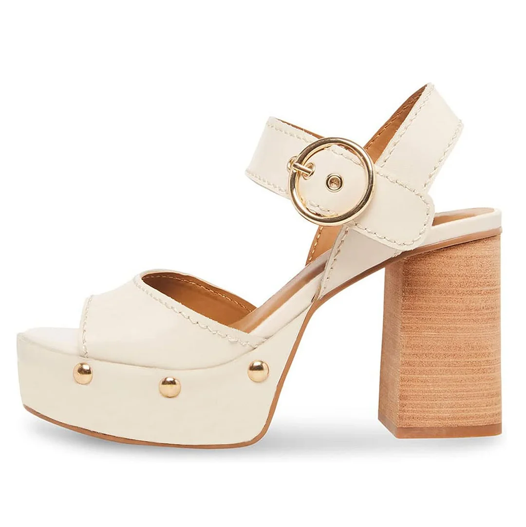 Beige Studded Open Round Toe Ankle Strap Platform Heel Sandals