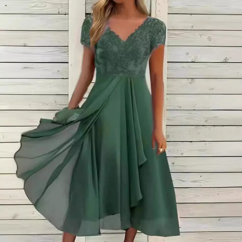 Uveng Uveng Station Dress Female Chiffon Stitching V-Neck Lace Dress Bridesmaid Evening Dress Even