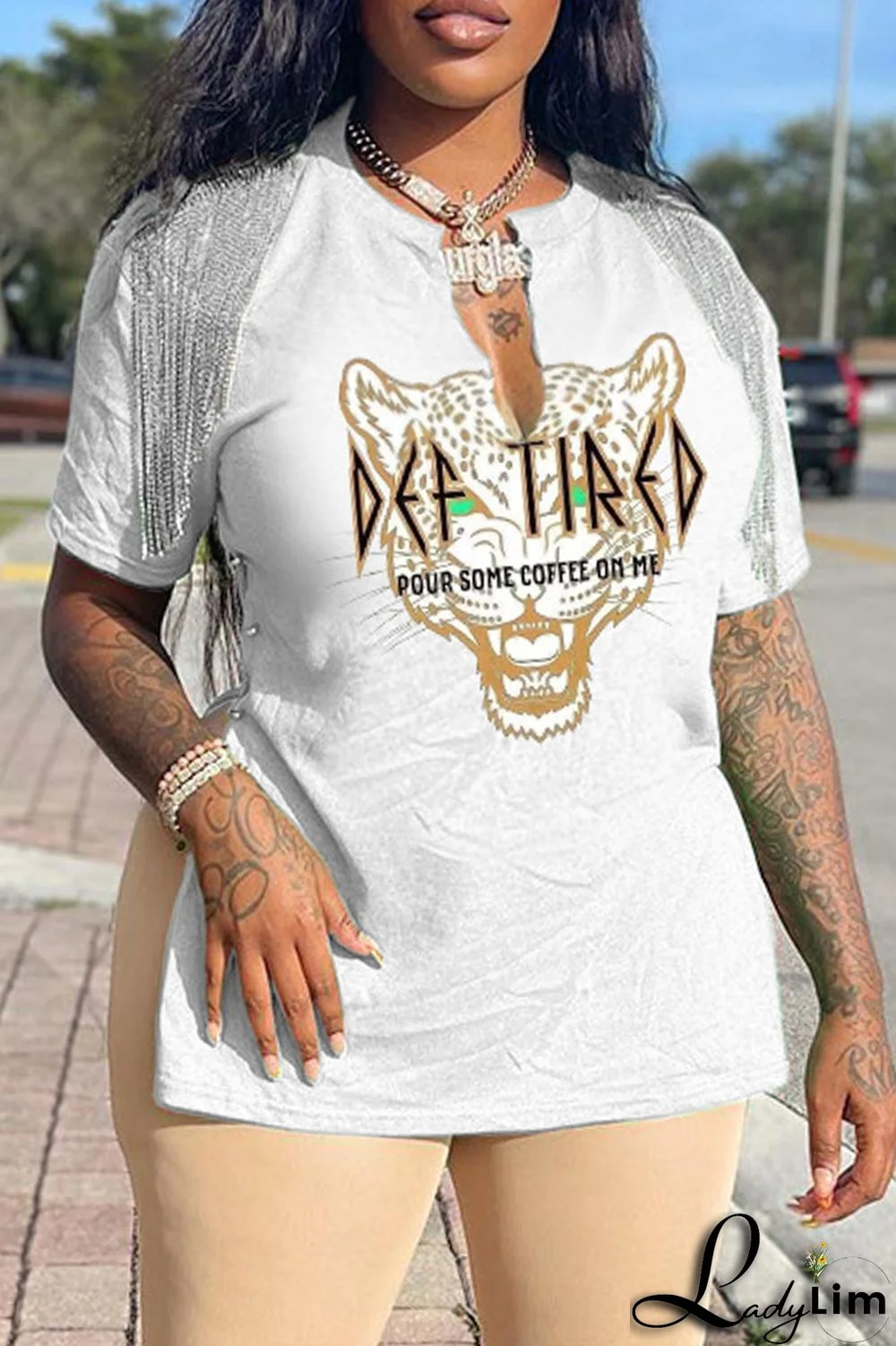 Coffee Fashion Casual Print Tassel Patchwork V Neck T-Shirts