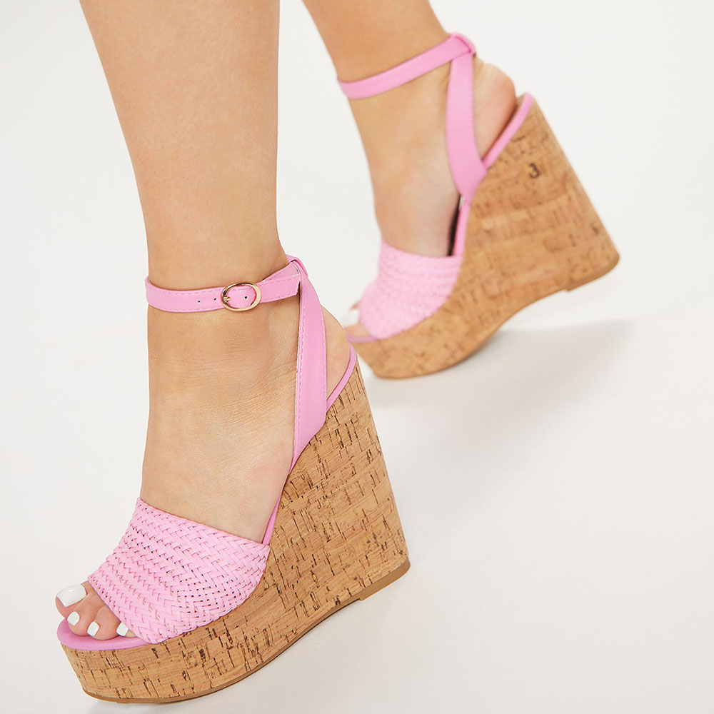Pink Open Toe Wedge Heel Ankle Strap Platform Sandals Nicepairs