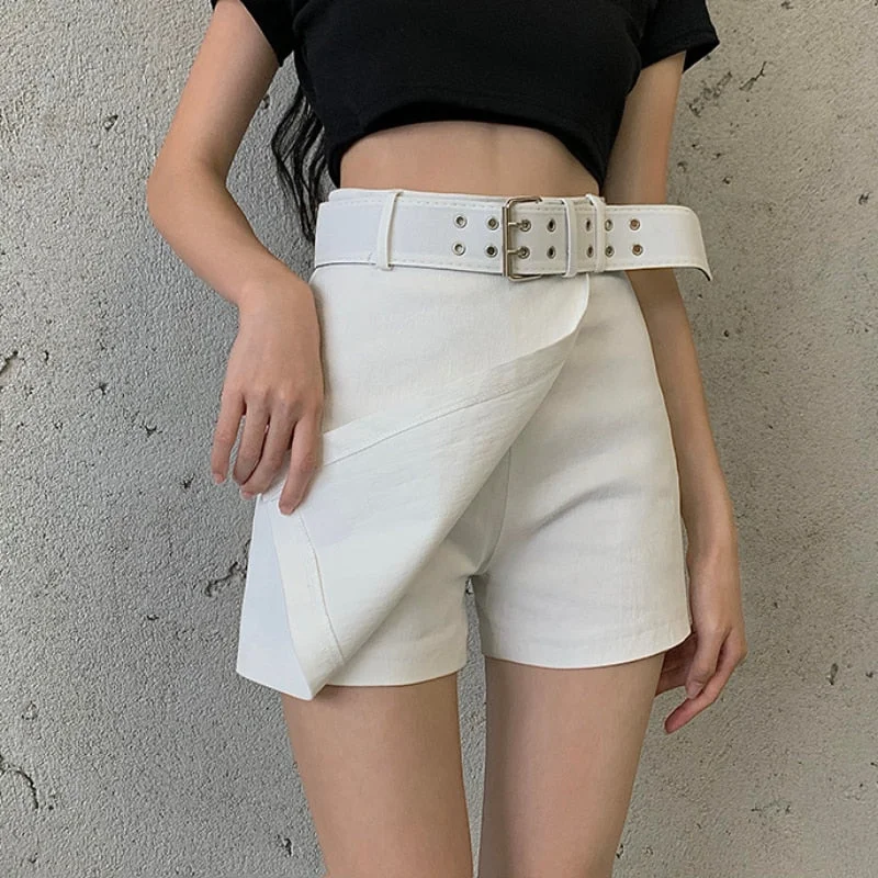 Zoki High Waist Summer Women Shorts Fashion Belt Irregular Korean Black Cotton Casual Office Ladies Designed Shorts New 2021