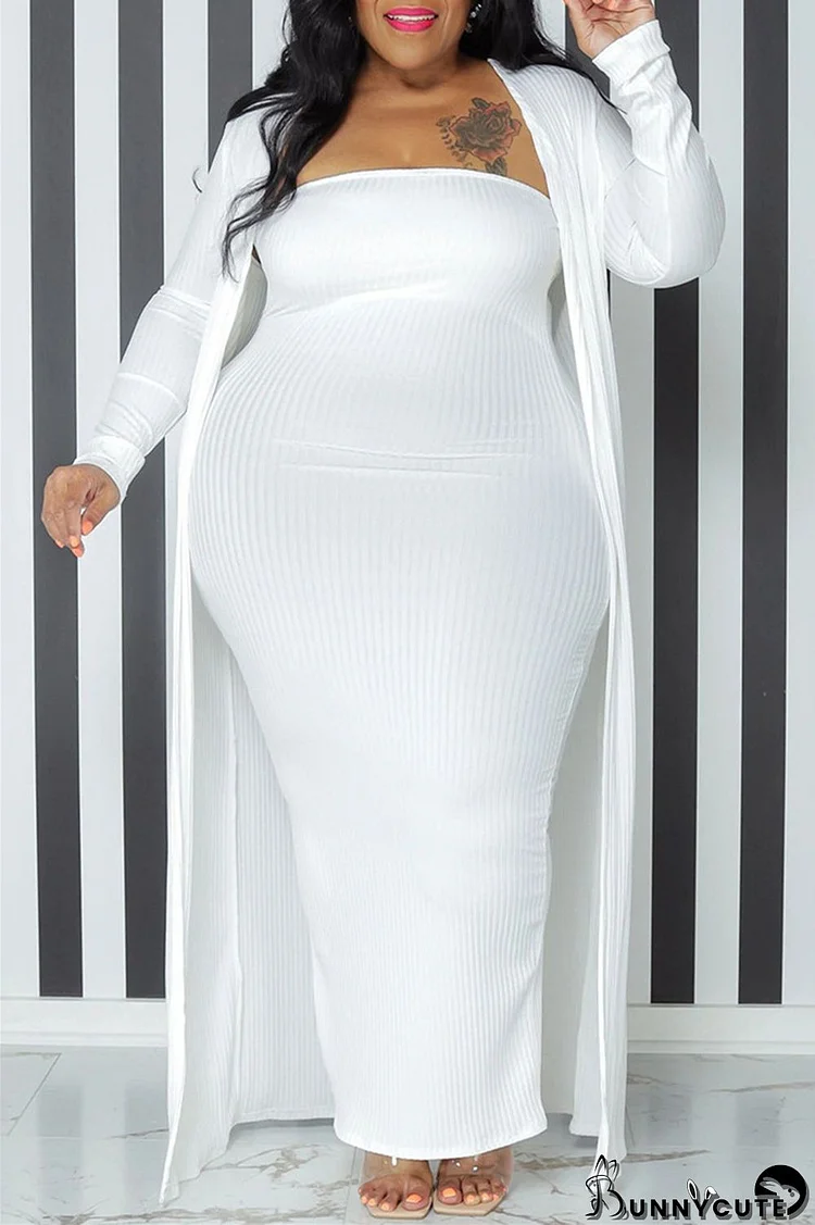 White Fashion Casual Solid Basic Strapless Dress Plus Size Two Pieces