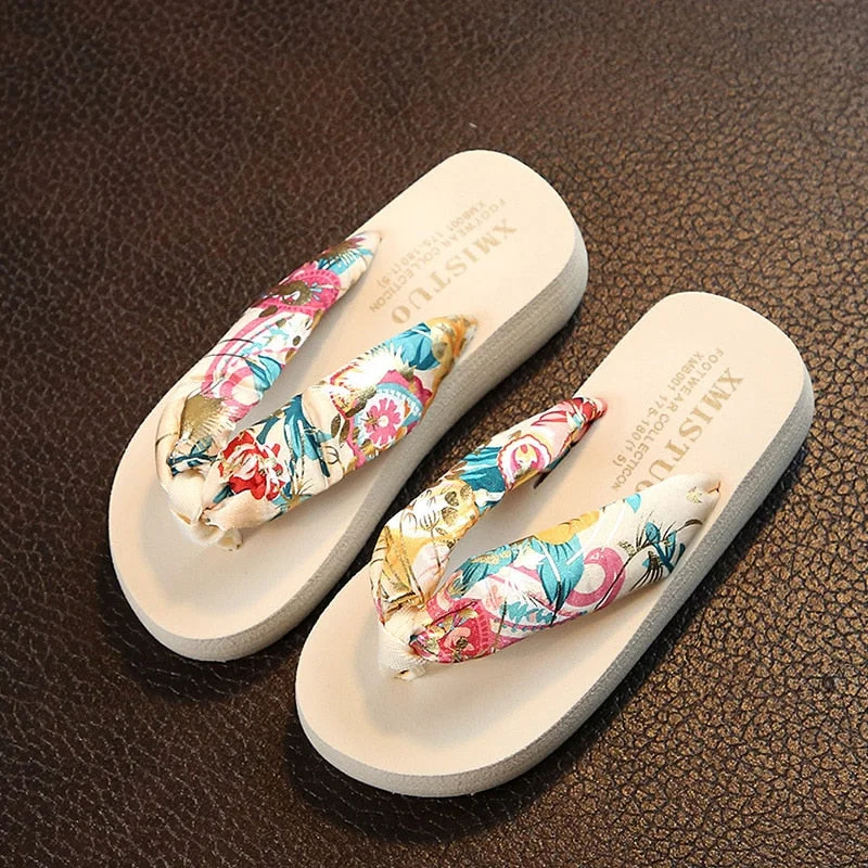 3cm High Heel Women's Summer New Bohemian Satin Wedge with Non-slip Wedge Flip-flops Beach Female Sandals and Slippers  Shoes