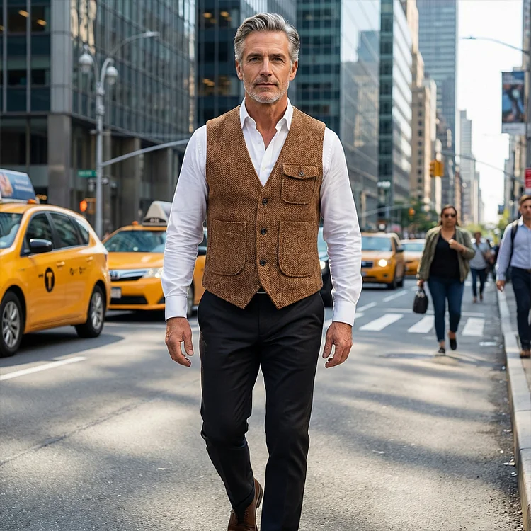 Herren-Weste aus klassischem Tweed mit Fischgr&auml;tenmuster