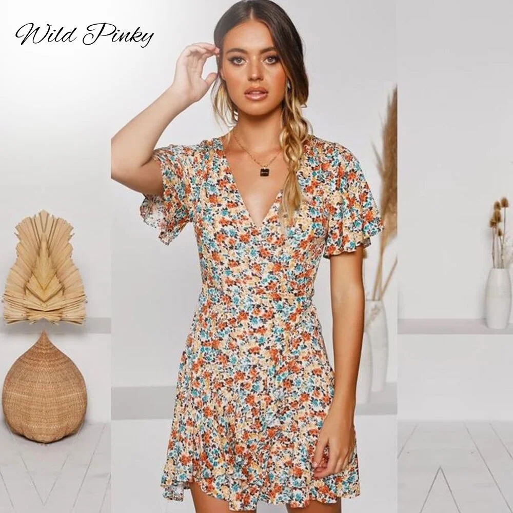 WildPinky Boho Holiday Ruffles Summer Dress Vintage Floral Print Beach Dress Slim Casual Women Mini Dress vestidos Dropshipping