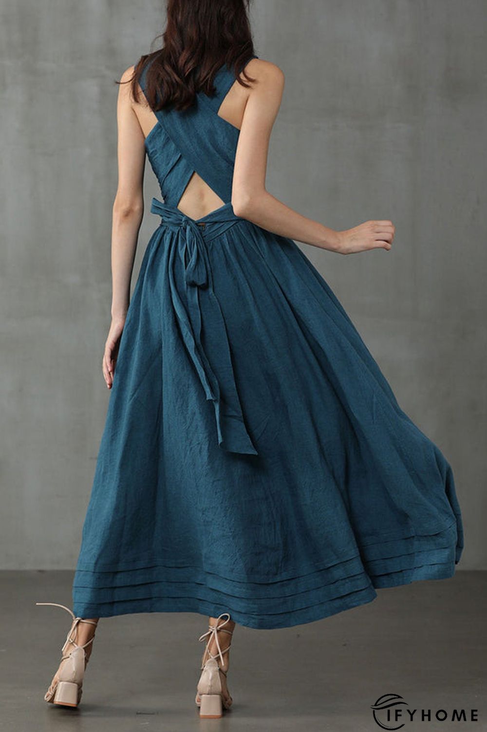 Cross Back O Neck Maxi Linen Dress | IFYHOME