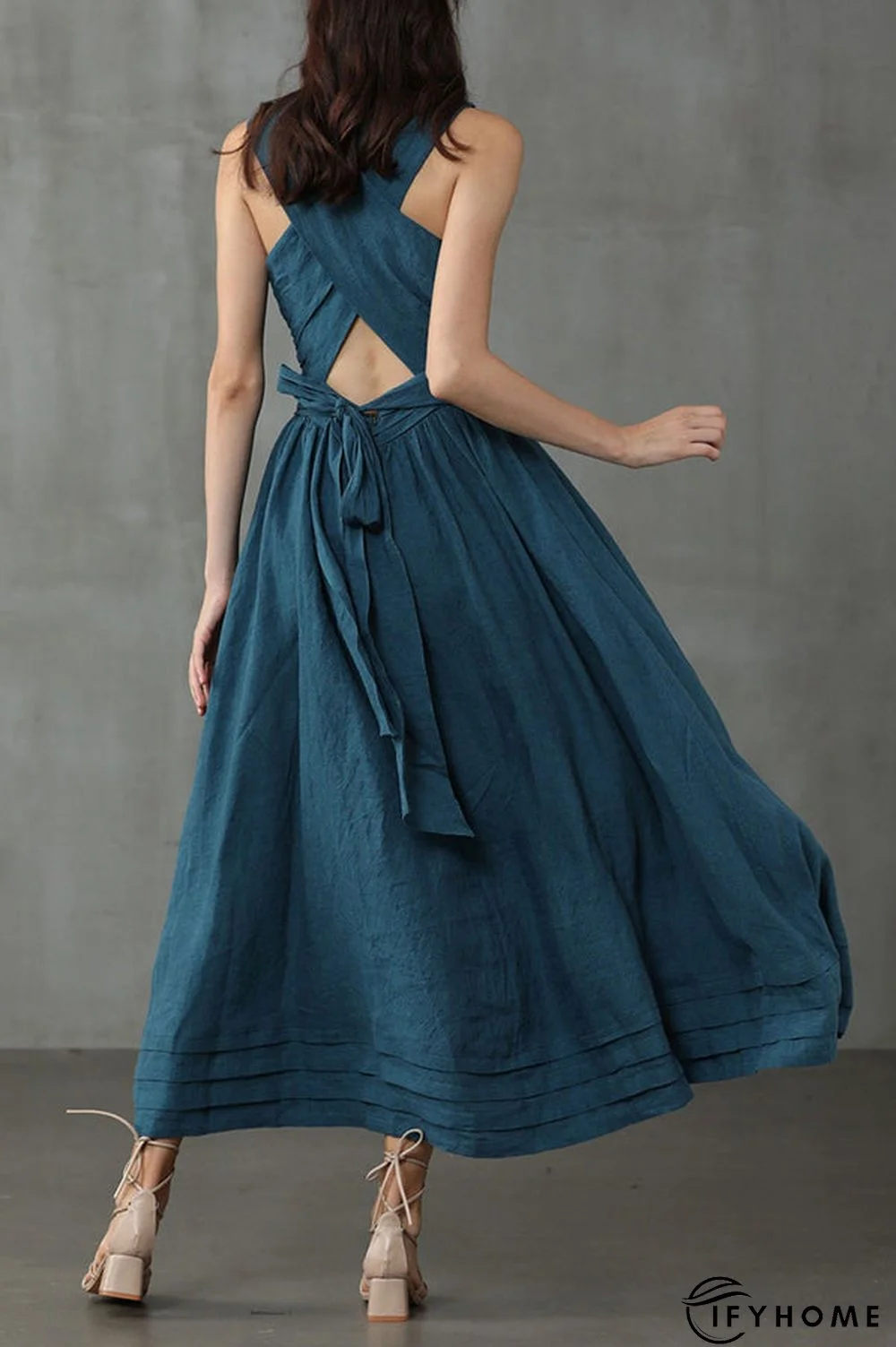 Cross Back O Neck Maxi Linen Dress | IFYHOME
