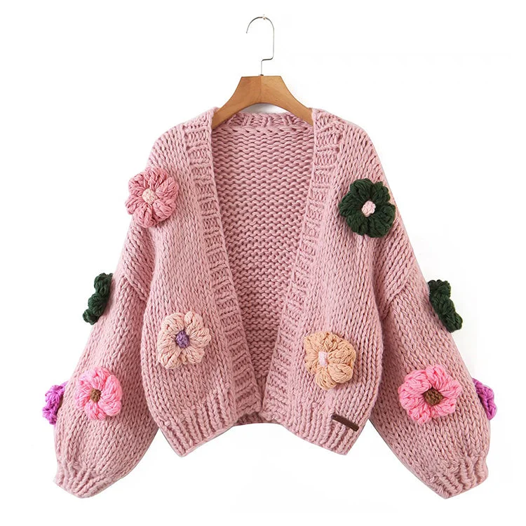 Three dimensional flower thick stick needle knitted cardigan  7374