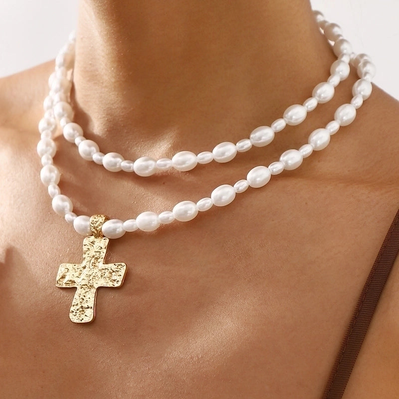 Elegant Glam Streetwear Cross Imitation Pearl Alloy Double Layer Necklaces