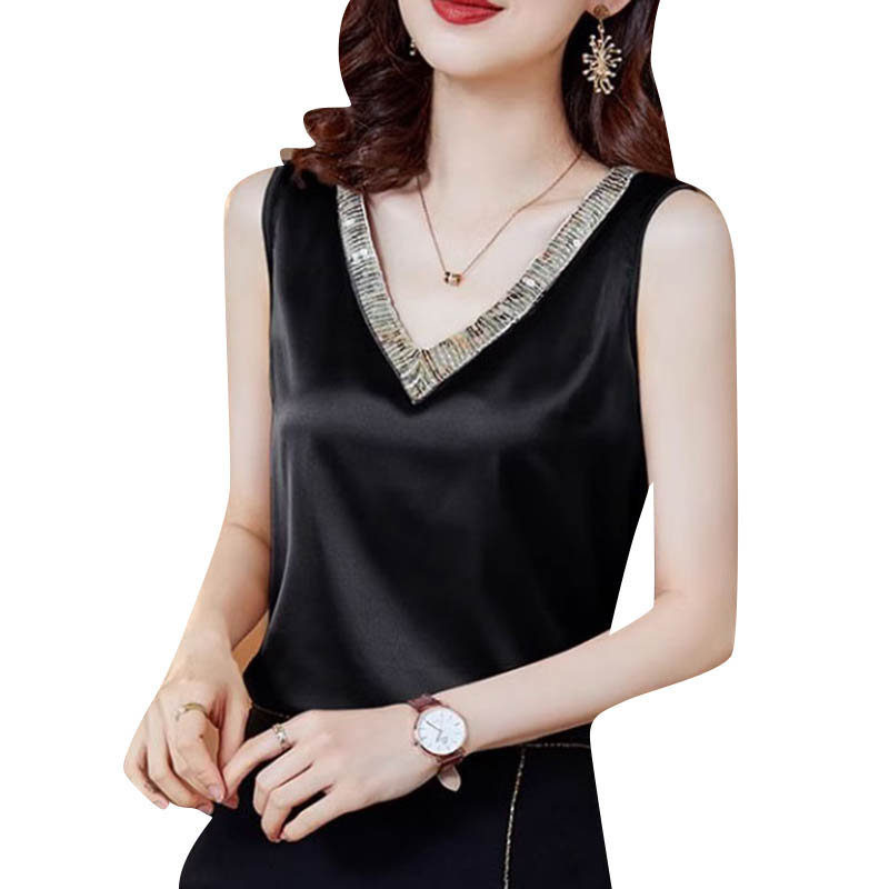 ZANZEA Summer Tanks Tops Women V Neck Sleeveless Sequins Blouse Elegant Solid OL Work Shirt Female Casual Party Blusas