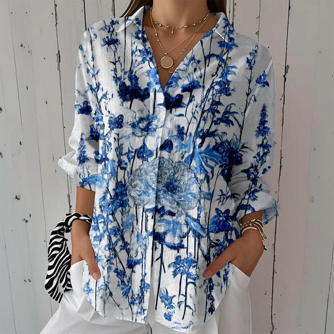 Style & Comfort for Mature Women Women Floral,Blue DZCL0023 3/4 Sleeve Shirt Collar Printed Button Tops