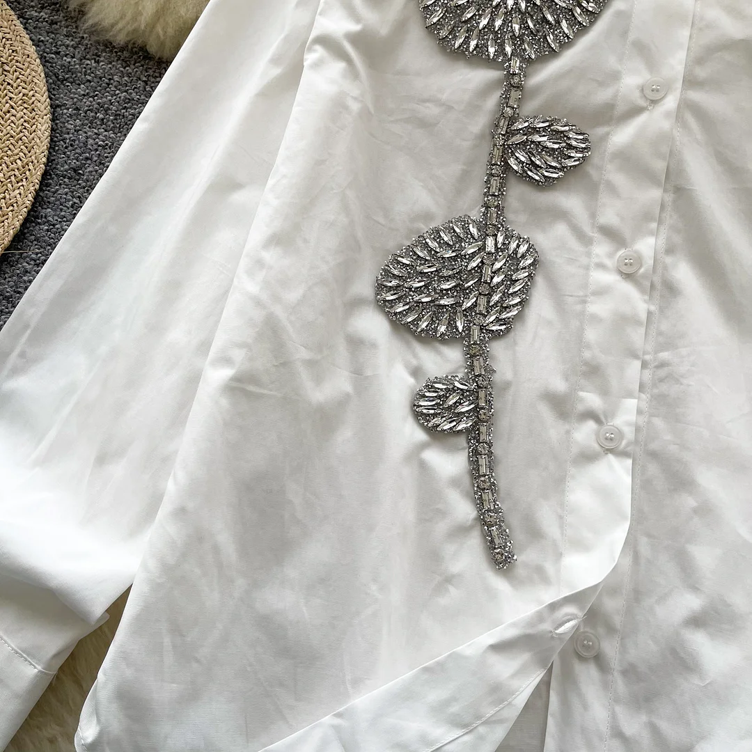 Nigikala Nigikala Day Shirt Women 2025 New French Heavy Industry Diamond Three-Dimensional Flowers Loose Thin Single-Drilled Chic Shirt