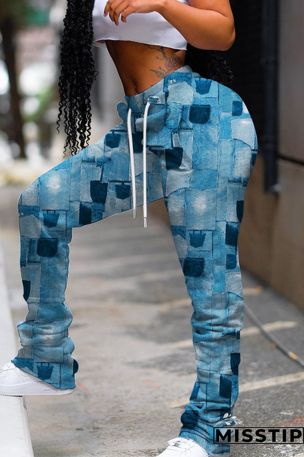 Cyan Casual Print Fold Regular Mid Waist Conventional Full Print Trousers