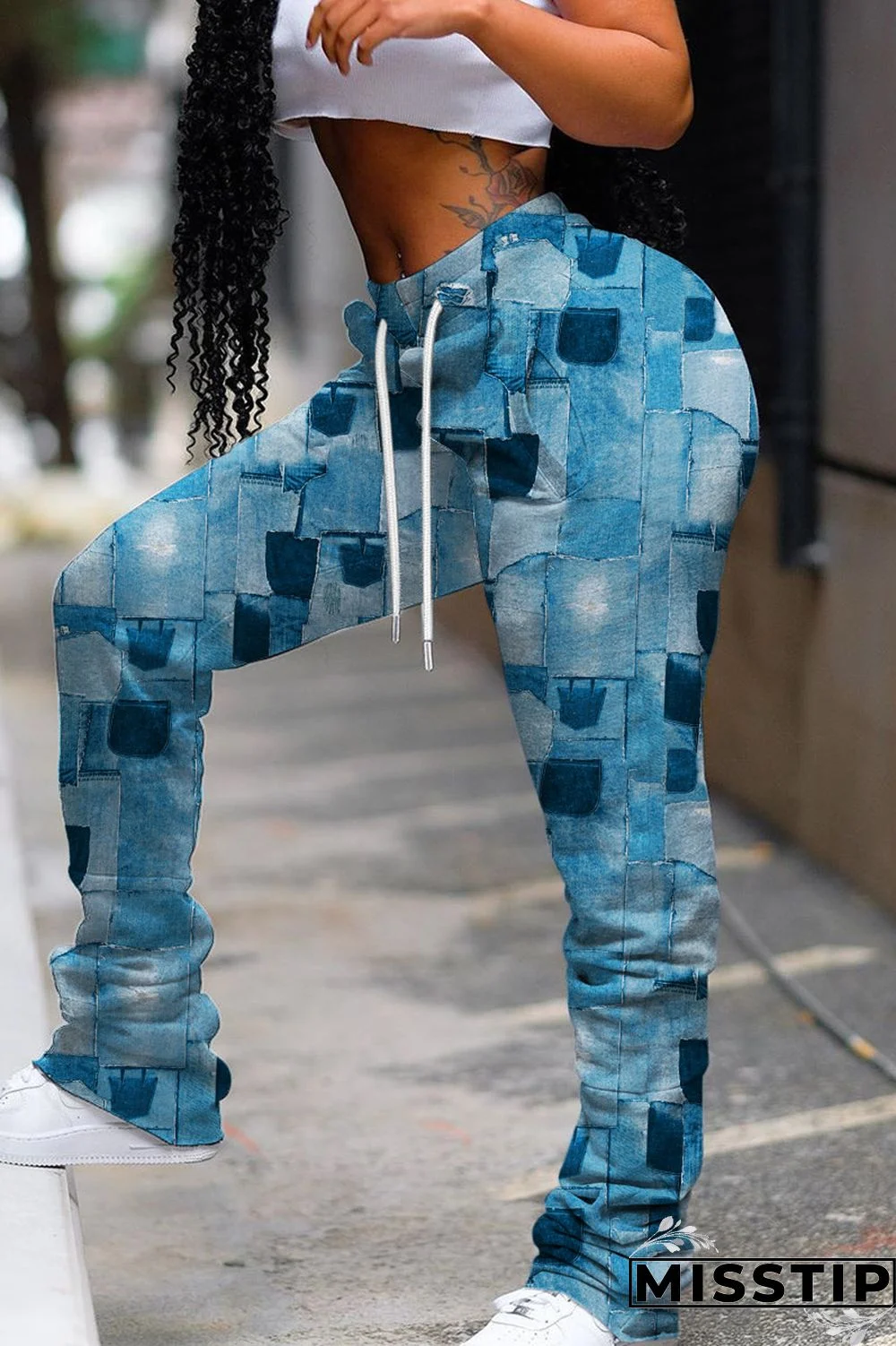 Cyan Casual Print Fold Regular Mid Waist Conventional Full Print Trousers