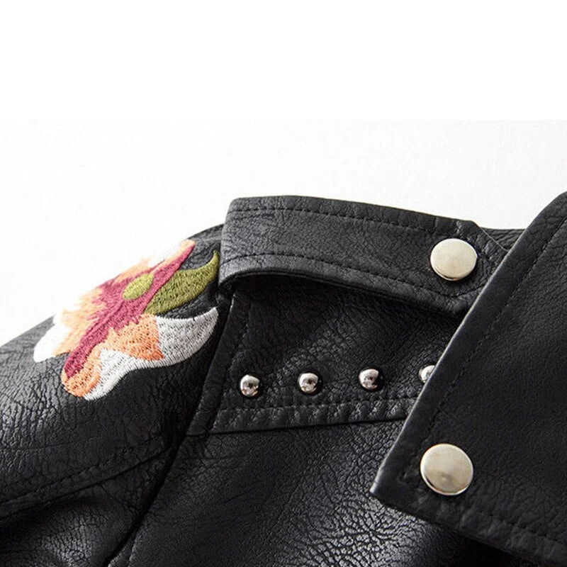 FTLZZ Women Retro Punk Style Fuax Leather Jacket Streetwear Moto Biker Embroidery Floral Print Rivet Pu Coat Oversized Outwear