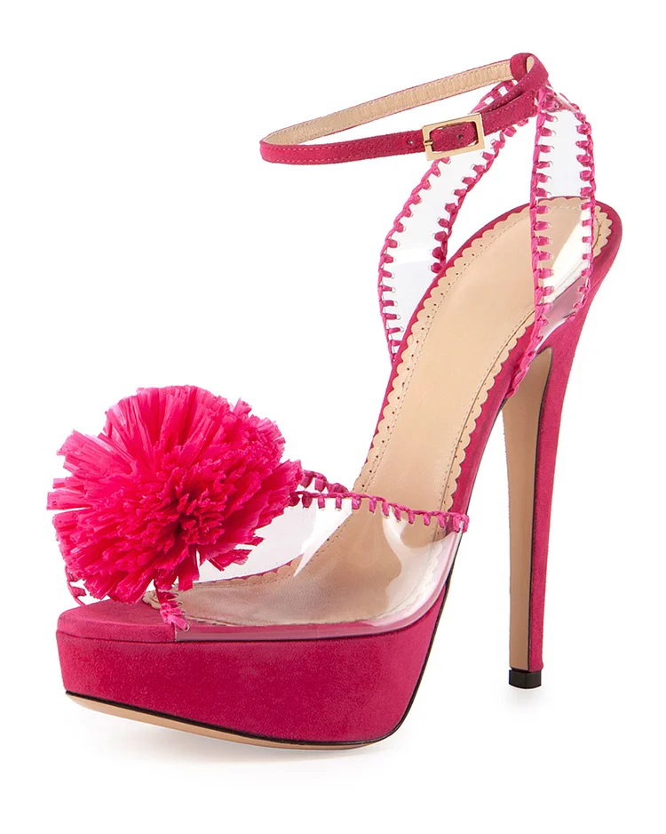 Hot Pink Suede Platform Heels Clear Ankle Strap Stiletto Heel Sandals |FSJ Shoes