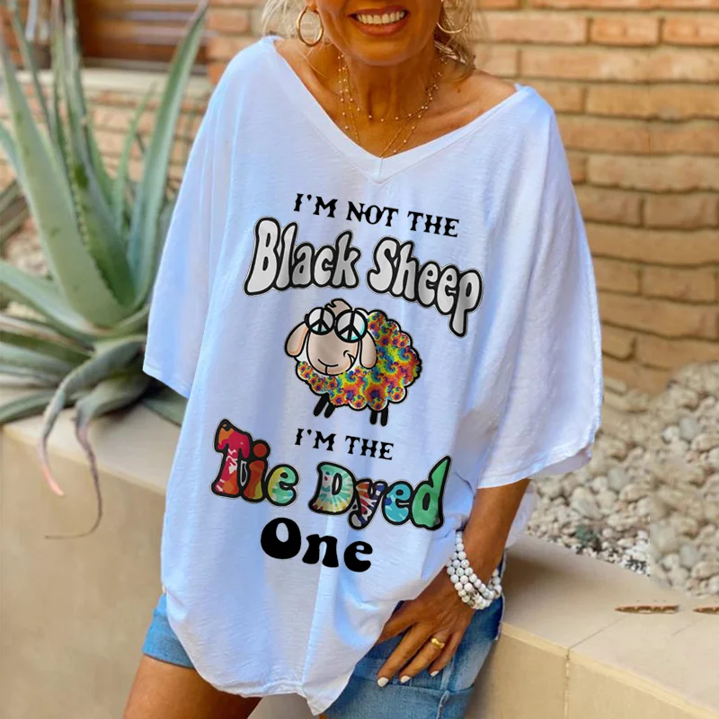 I'm Not The Black Sheep I'm The Tie Dye One Cute Sheep Print Women V-neck T-shirt