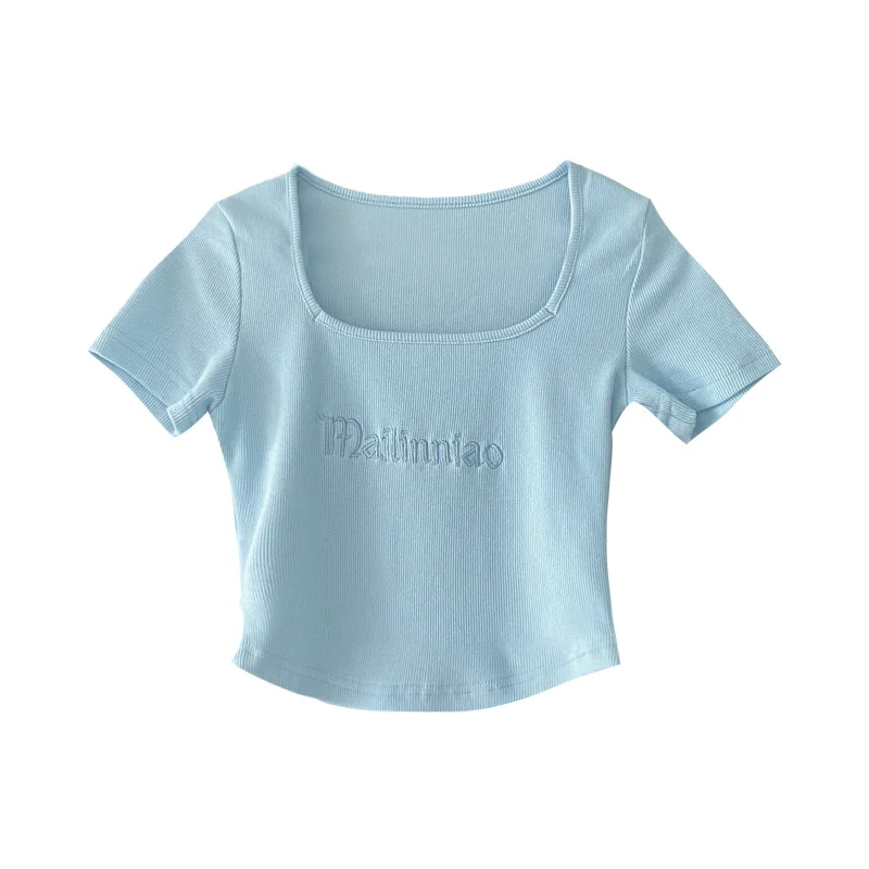 Uveng Uveng Letter Embroidered Slim Bottom Shirt Square Collar Low Breast Collarbone Short-Sleeve T-Shirt Midcrop High Waist Top