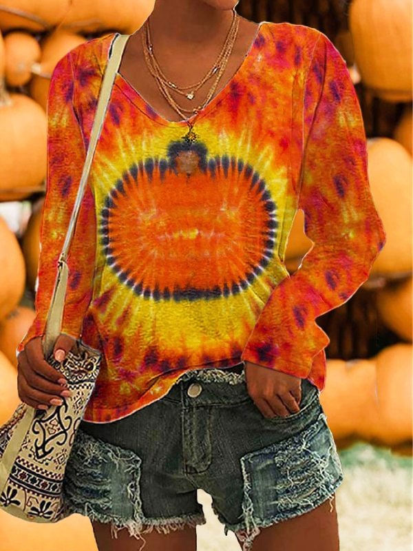 Women's Halloween Pumpkin Tie Dye Print Long Sleeve T-Shirt