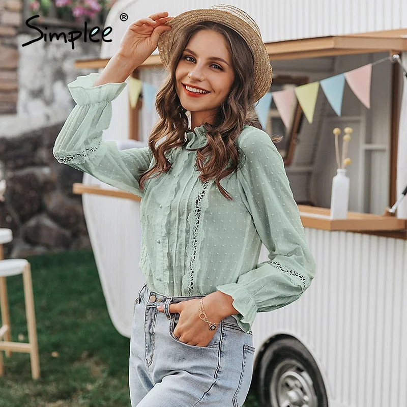 Simplee Vintage hollow out female office ladies tops Holiday spring summer chic white blouse Casual lace long sleeve short tops