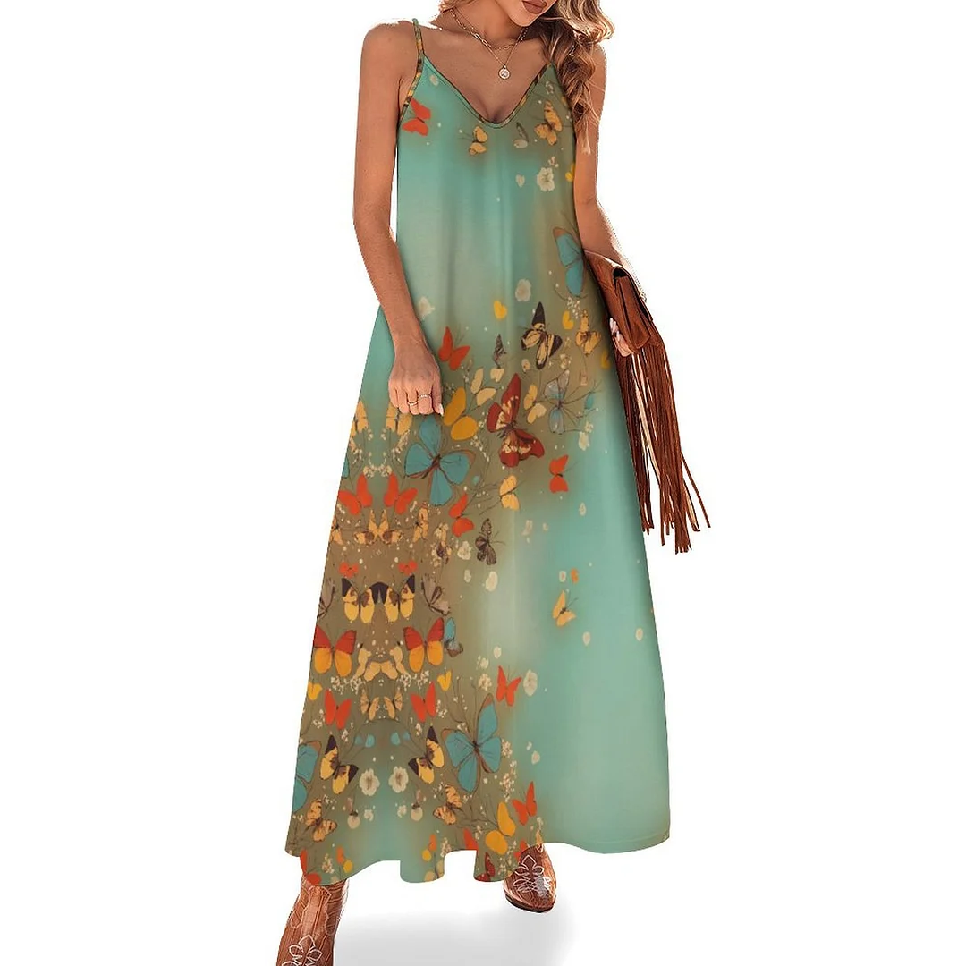 Style & Comfort for Mature Women Plus Size Printed Sling Casual Women Maxi Dress in Pattern Brown, Green, Butterfly