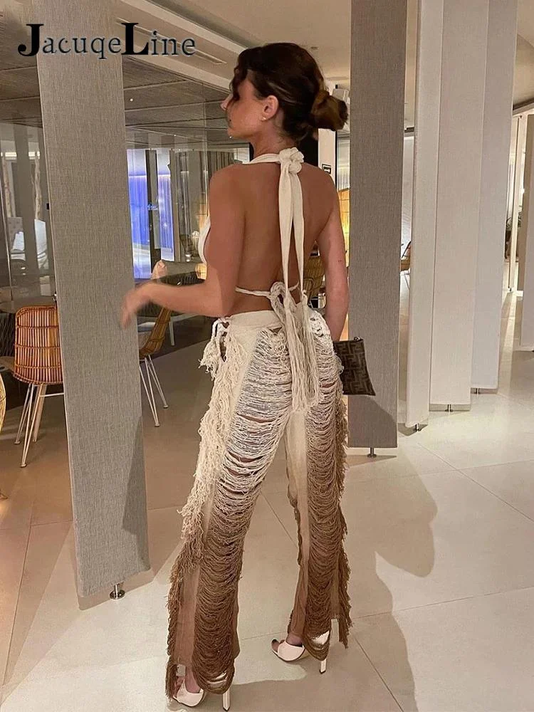 Jacuqeline Beach Sexy High Waist Y2K Wide Leg Pants Women Fashion Tassel Knit Sets Hollow Out Long Trousers And Tops 2022 Summer