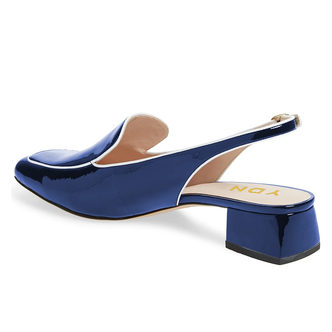 Blue Patent Leather Square Toe Slingback Loafers with Chunky Heels