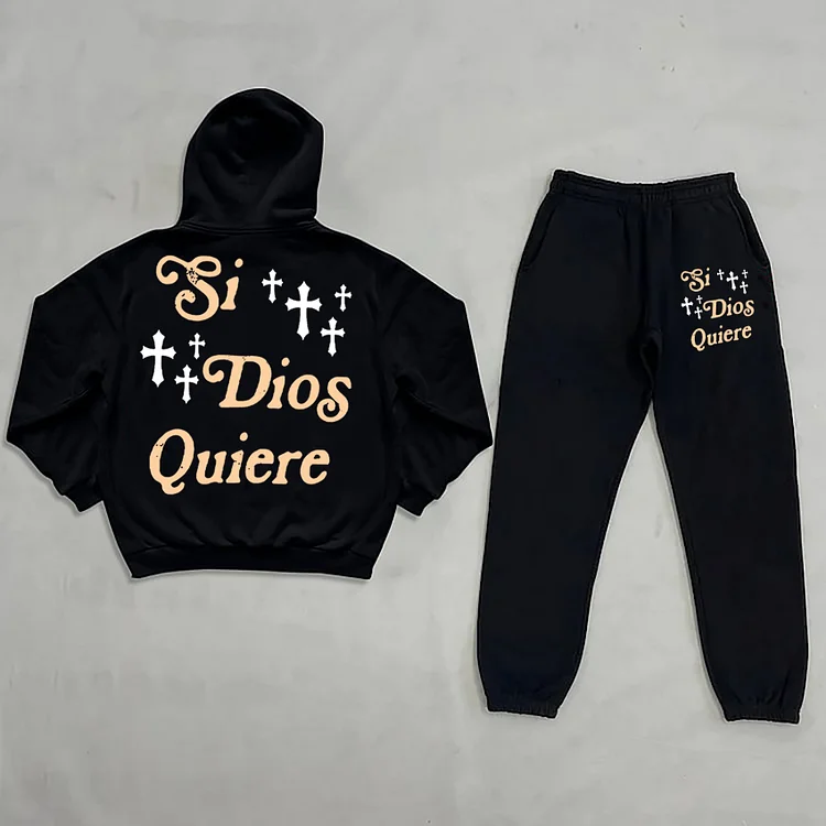 Si Dios Quiere Cross Print Graphic Pullover Hoodie & Sweatpants Set SOPULA