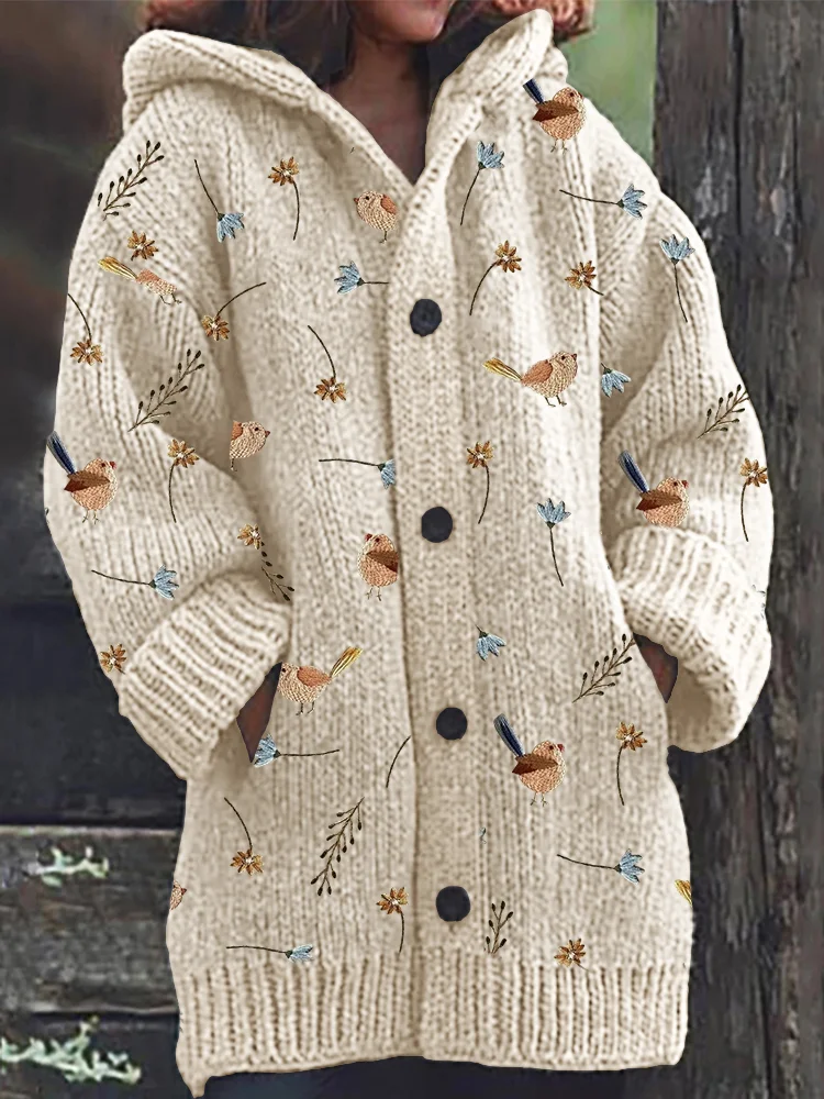 Birds Floral Embroidery Pattern Cozy Knit Hooded Cardigan