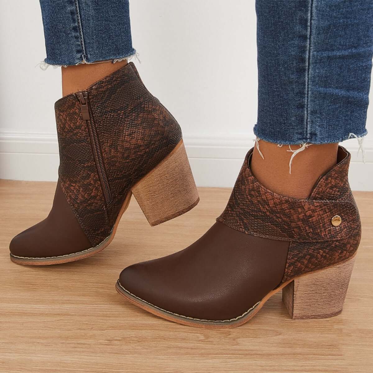 Western Cowgirl Ankle Boots Chunky Heel Buckle Short Booties