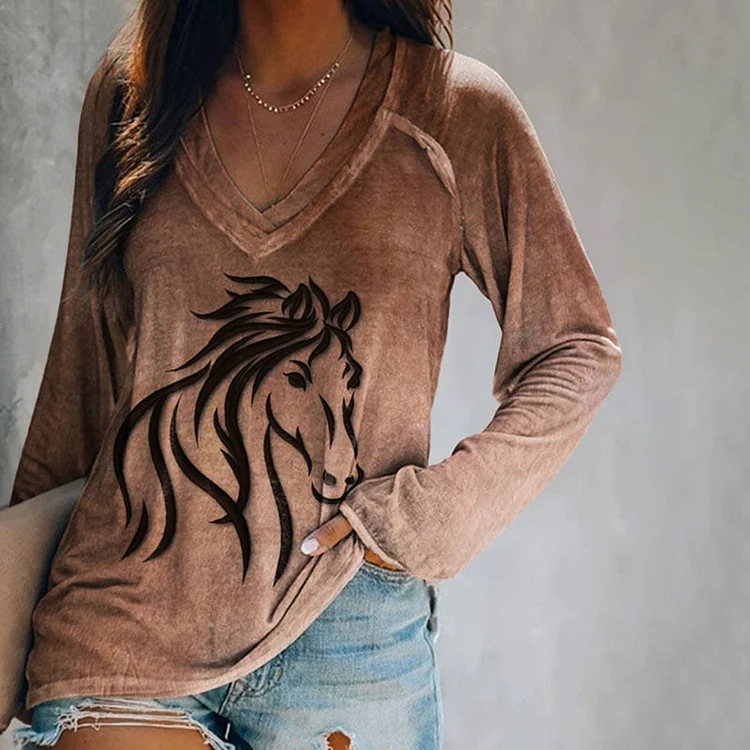 Women's Vintage Ethnic Print V Neck Long Sleeve T-Shirt