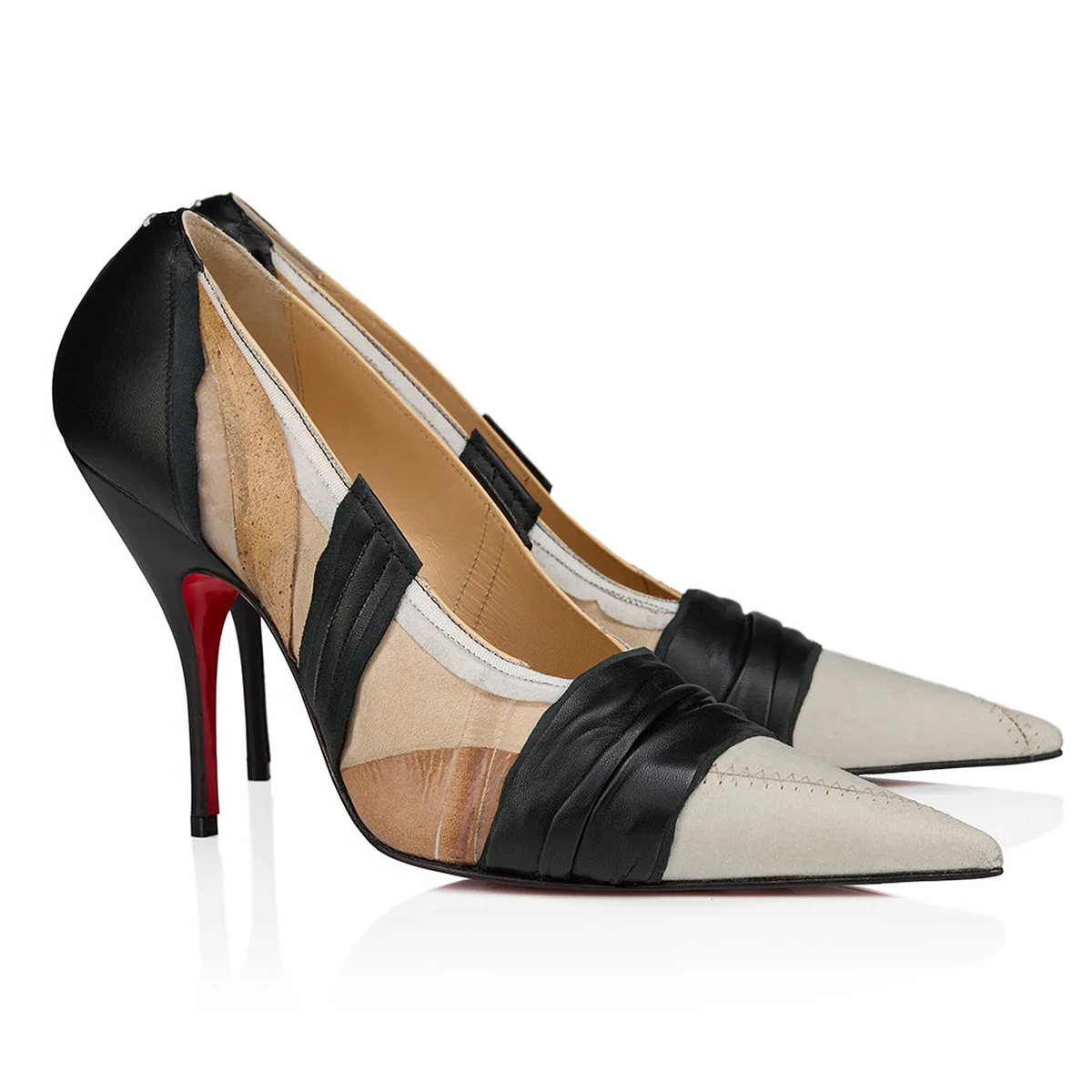 100mm Women's Pointed stilettos Splicing High Heels Red Bottom Shoes Genuine Leather -MERUMOTE