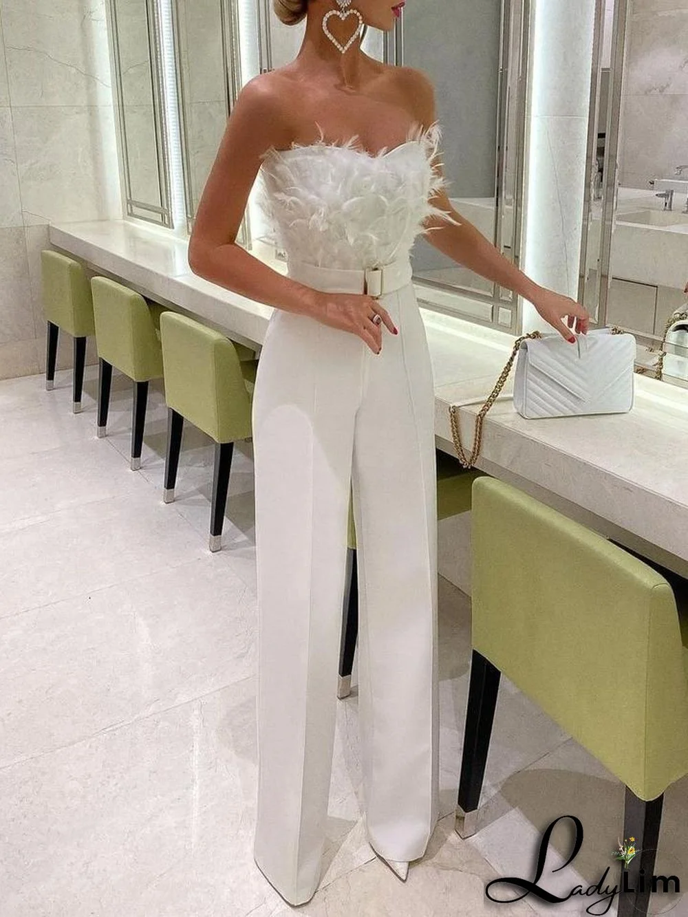 Spring Summer Feather Strapless Sexy Fashion Jumpsuit