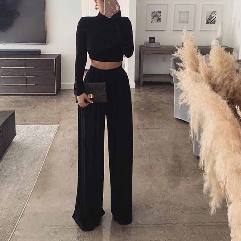 Hawthaw Women Autumn Winter Long Sleeve Crop Tops Straight Wide Leg Long Pants Two Pieces Sets 2020 Falll Clothes Streetwear