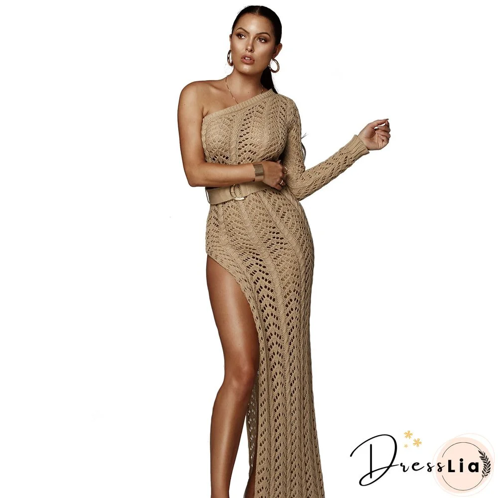 Women Sexy One Shoulder Long Sleeve Hollow Out Knitted High Slit Bodycon Maxi Club Party Beach Dress