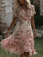 Women's Vintage Boho Floral Art Flowy Linen Blend Casual Short Sleeve Maxi Dress