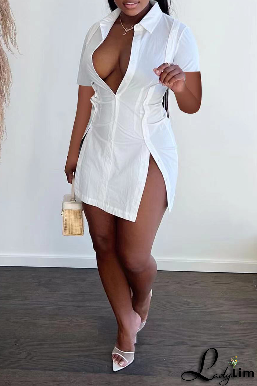 White Casual Solid Split Joint Turndown Collar Shirt Dress Dresses