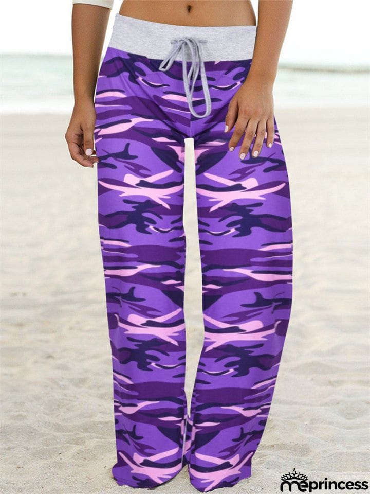 Comfortable Camouflage Print Drawstring Wide-Leg Pants