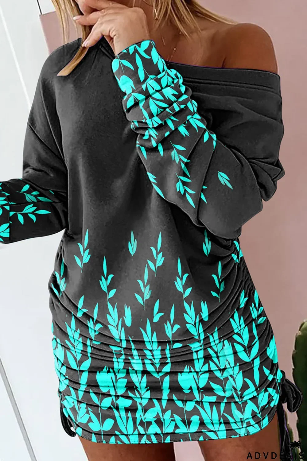 Purple Sexy Print Patchwork Draw String Fold O Neck One Step Skirt Dresses