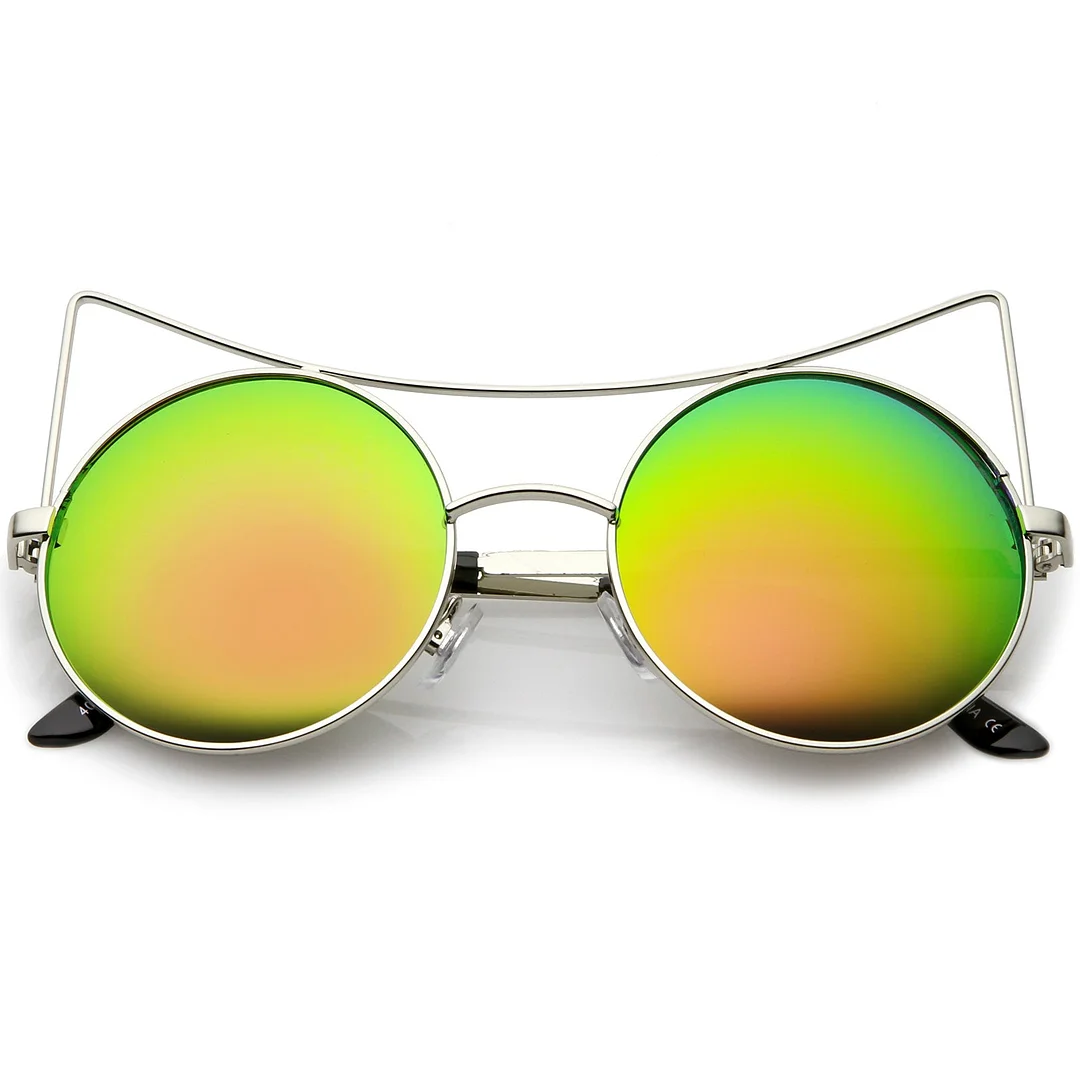 Women's Oversize Open Metal Cat Eye glasses With Colored Mirror Flat Lens 54mm