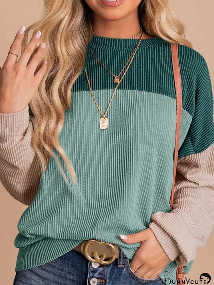 Green Color Block Ribbed Long Sleeve Loose Top with Chic Style