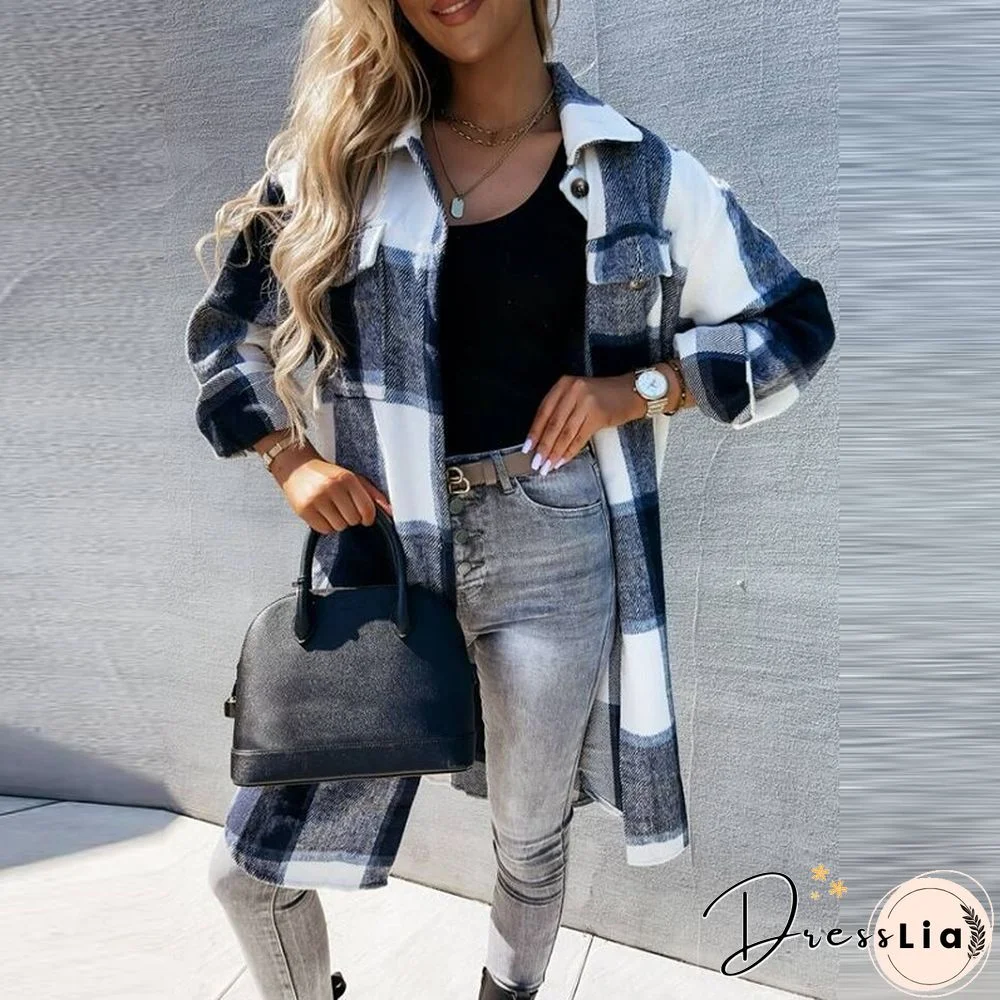 Fashion Plaid Printed Shirt Jacket Women Autumn Casual Long Sleeve Lapel Single Breasted Coat Ladies Loose Commuter Jackets