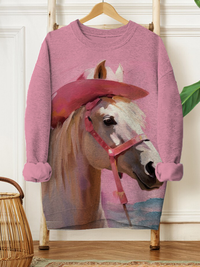 Women's Western Cowboy Hat Horse Oil Painting Print Casual Sweatshirt