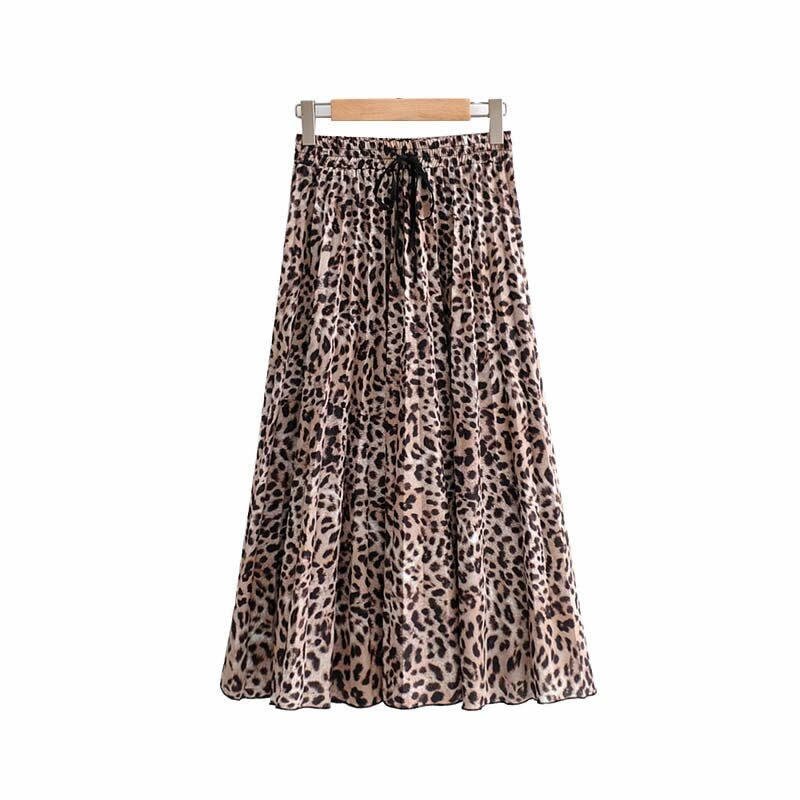 Gentillove Vintage Leopard Snake Print Pleated Midi Skirts Streetweaar Drawstring Elastic Waist A Line Dress Harajuku Skirt
